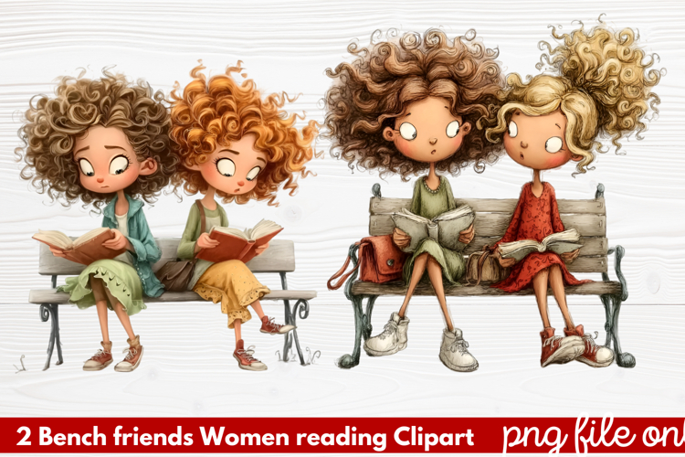 Bench friends Women reading Clipart