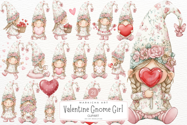 Whimsical Valentine Gnome Girl Clipart