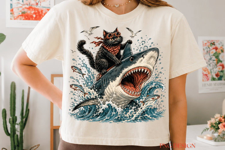 Funny Cat Riding Shark PNG, Shark Cat Sublimation Design