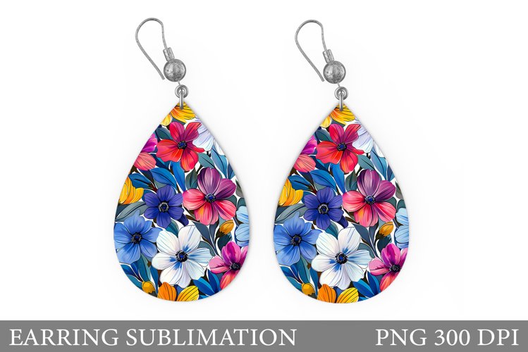 Flowers Earring Sublimation. Teardrop Earring Flowers Design example image 1