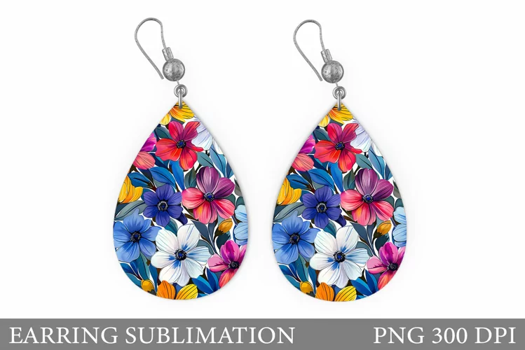 Flowers Earring Sublimation. Teardrop Earring Flowers Design