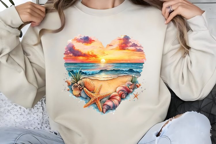 Retro Beach Heart Watercolor Clipart PNG