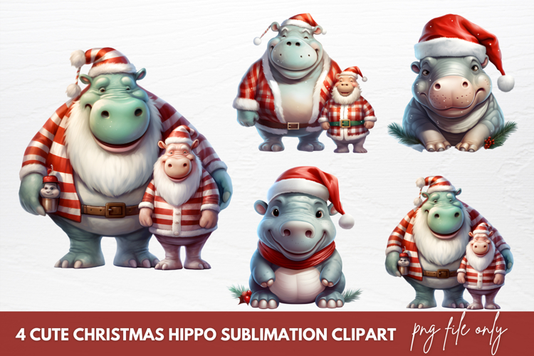 Cute Christmas Hippo Sublimation Clipart