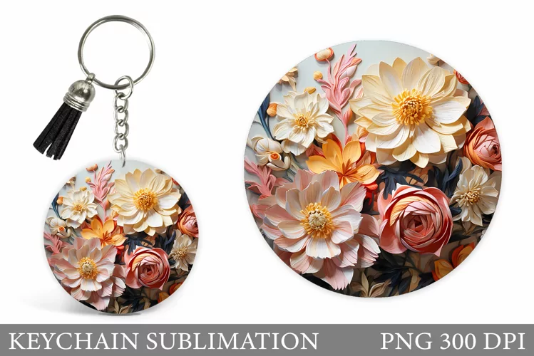 Floral Keychain Sublimation. 3D Flowers Keychain Design