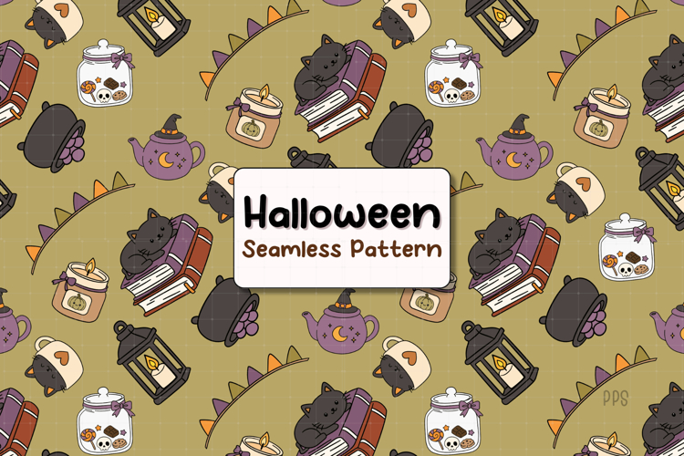 Halloween Seamless Pattern with Kawaii Black Cat Books