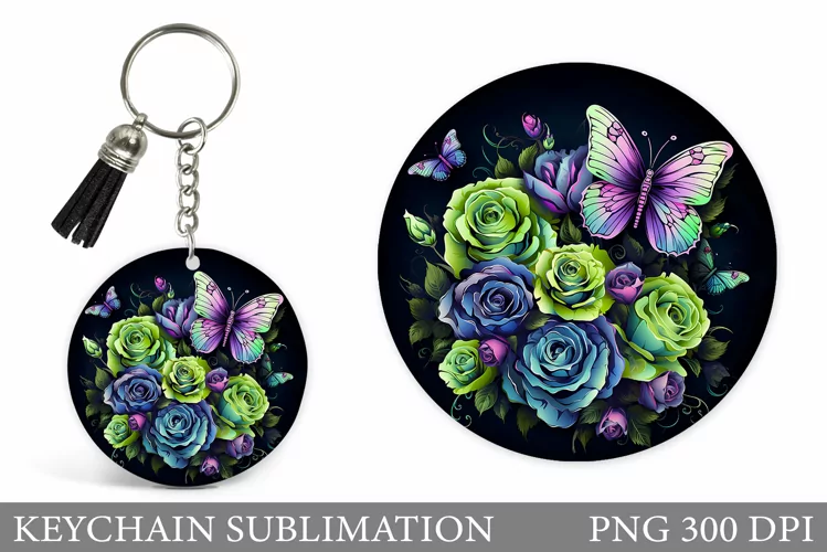 Butterfly Round Keychain. Roses Keychain Sublimation