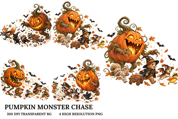 Pumpkin Monster Chase Halloween Woodland Animals Clipart PNG