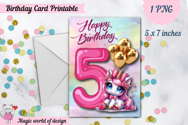 Unicorn 5th Happy Birthday Card, Printable png