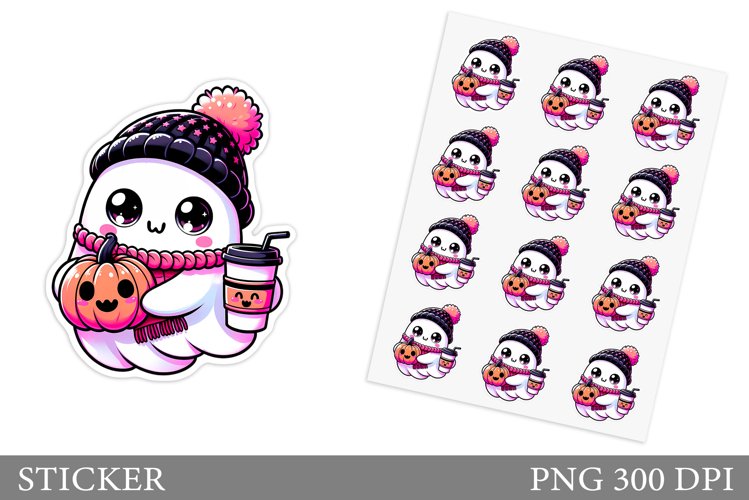 Cute Ghost Sticker Template. Cute Halloween Sticker Design example image 1