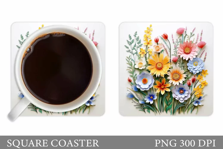 3D Wildflowers Coaster Design. Flowers Square Coaster