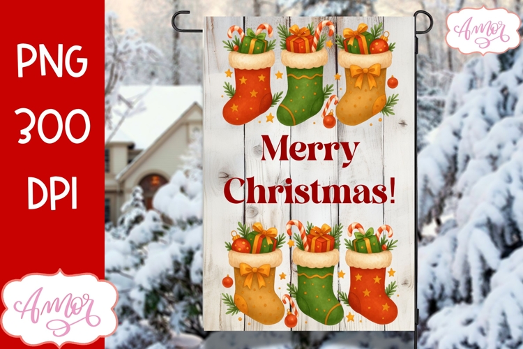 Merry Christmas garden flag PNG, Christmas stockings PNG