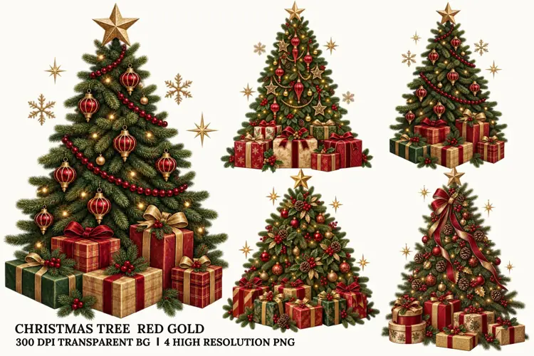 Christmas Tree PNG, Red Gold Holiday Decoration Sublimation