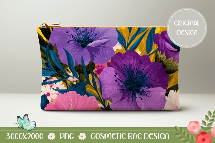 Purple Flowers Cosmetic Bag, Yellow Cosmetic Bag Design