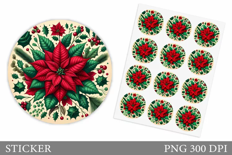 Poinsettia Sticker Design. Christmas Sticker Printable