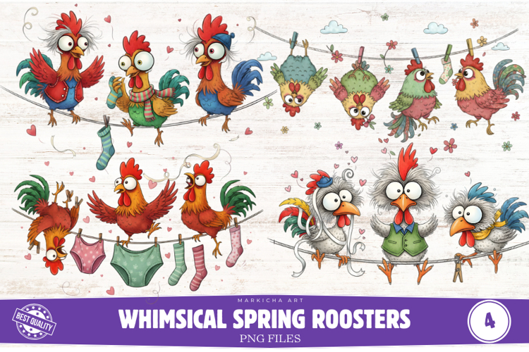 Whimsical Spring Roosters Clipart