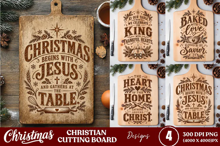4 Christian Christmas Cutting Board PNGs, 4 Rustic Faith Cut
