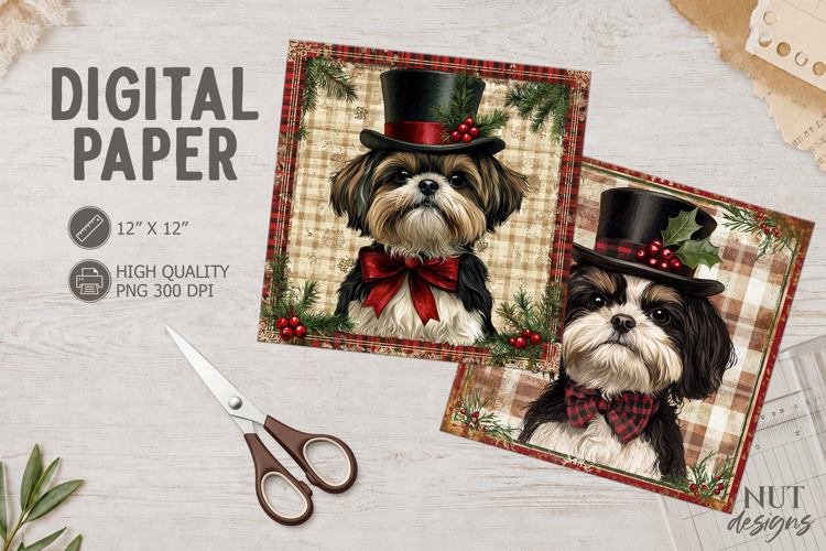 Vintage Shih tzu Christmas dog Digital Paper Dog face