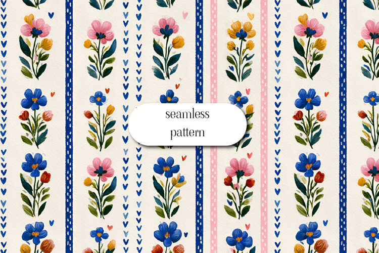 Folk Floral Stripe Seamless Pattern Hand Painted Flowers