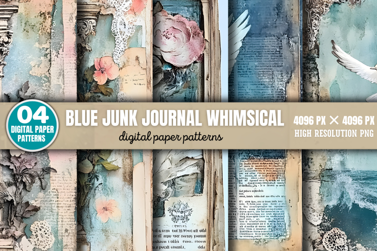 Blue Junk Journal Whimsical Patterns Background PNG
