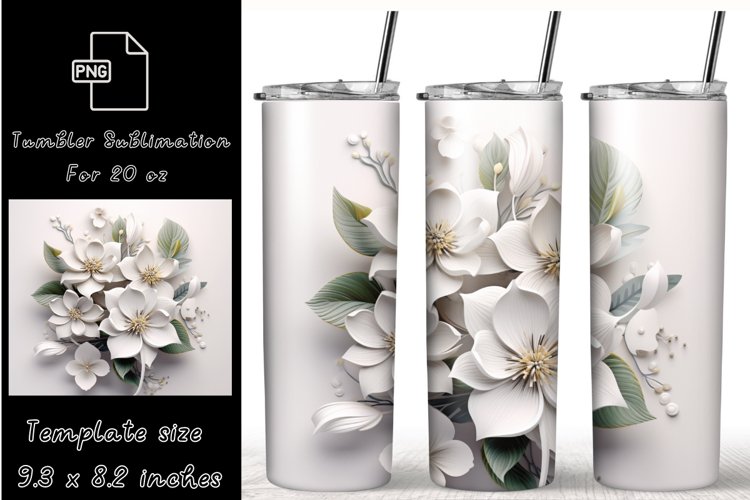 3D White Flower Tumbler Wrap, 20 oz Skinny Sublimation