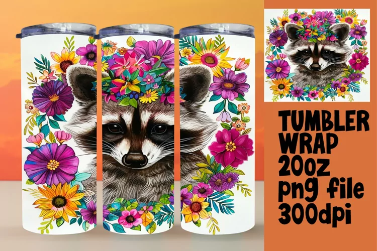 Bright Raccoon & Floral Tumbler Wrap - Sublimation 20oz