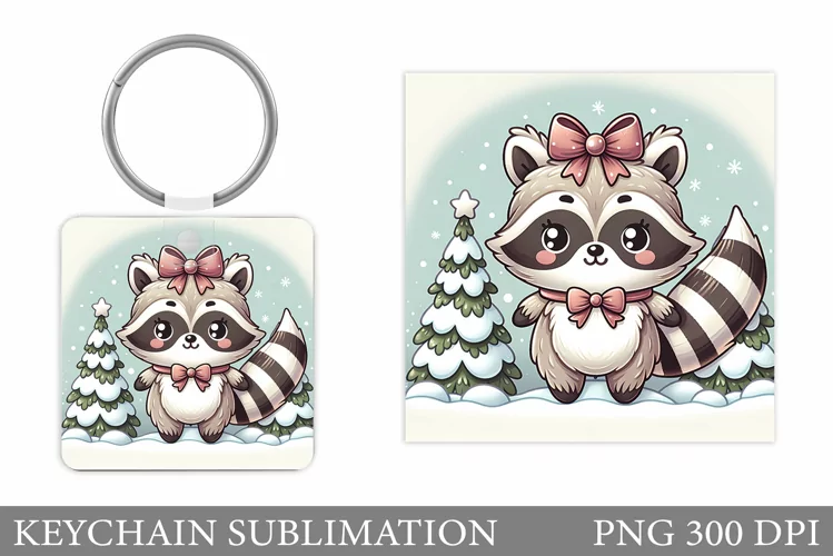 Cute Raccoon Keychain Design. Raccoon Christmas Keychain