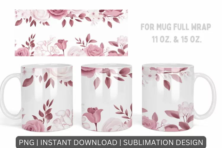 Pink Flowers Mug Sublimation, Floral Design Mug Wrap Templat