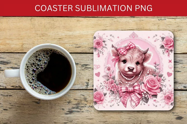 square coaster - pink highland cow