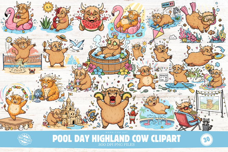 Pool Day Highland Cow Clipart