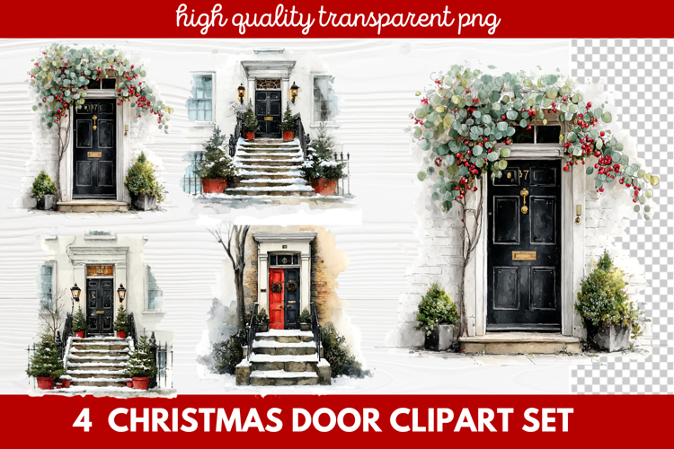 4 Christmas Door Clipart Set | Festive Holiday Front Door