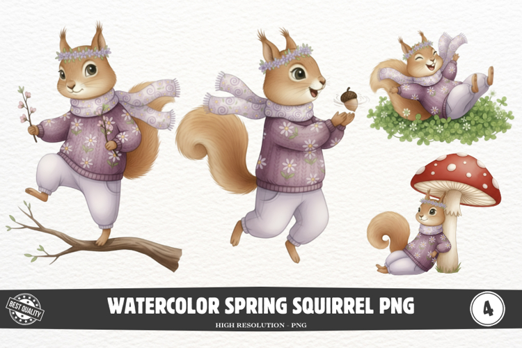 Watercolor Spring Squirrel PNG