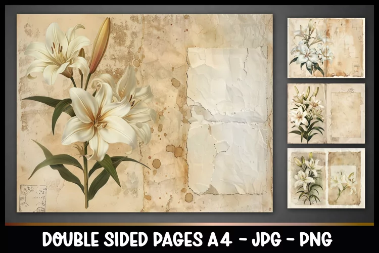 4 Vintage Double Sided Junk Journal Page I Lily Flowers