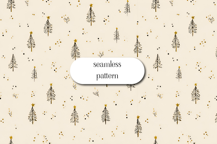 Christmas Tree Seamless Pattern with Golden Stars