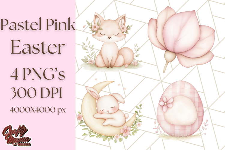 Pastel Pink Easter Bunny Egg and Flowers Clipart PNG