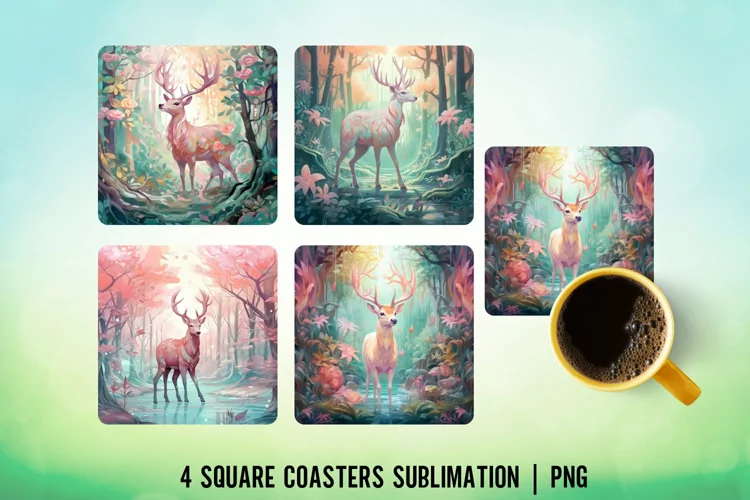 Pink Pastel Deer Forest Square Coaster Sublimation Design