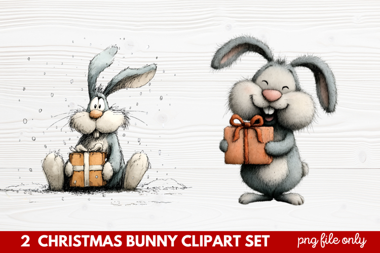 2 Christmas Bunny Clipart Set | Cute Holiday Bunny PNG Illus