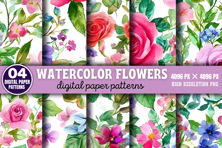 Watercolor Flowers Patterns Digital Paper Background PNG
