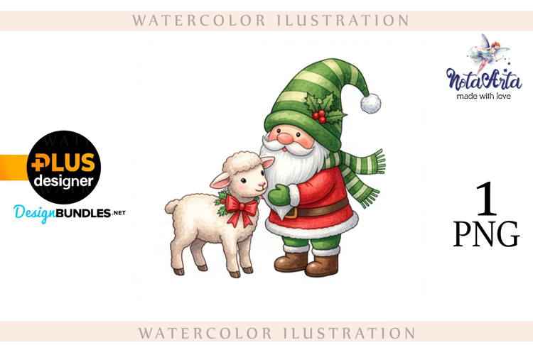 Christmas Gnome Santa with a Sheep in Watercolor Style