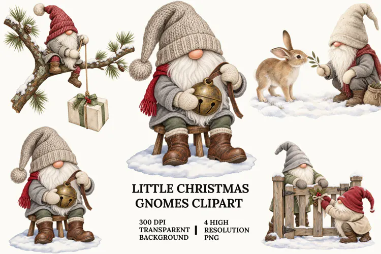 Little Christmas Gnome Clipart, Skiing, Bells and Snowman PN