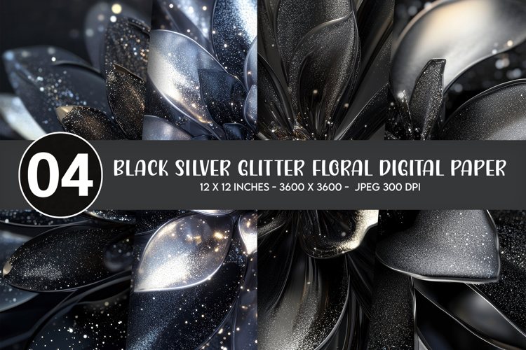 Black Silver Glitter Floral Digital Paper example image 1
