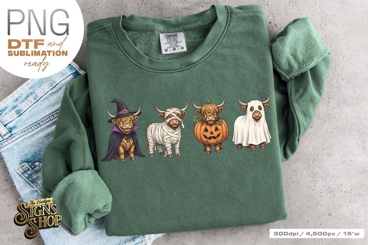 Halloween Highland Cow PNG DTF Cute Spooky Cow Design example image 1