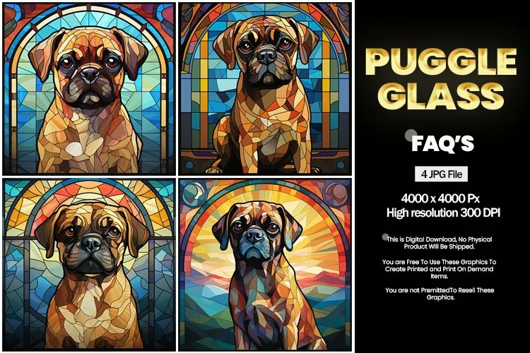 Puggle Stained Glass Square Coaster - 04 Variations