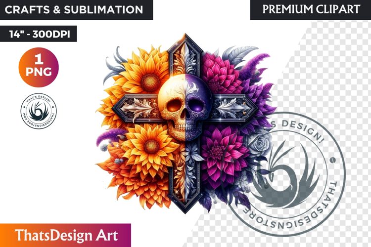 Floral Day of Dead Crosses Clipart Sugar skull PNG catrina