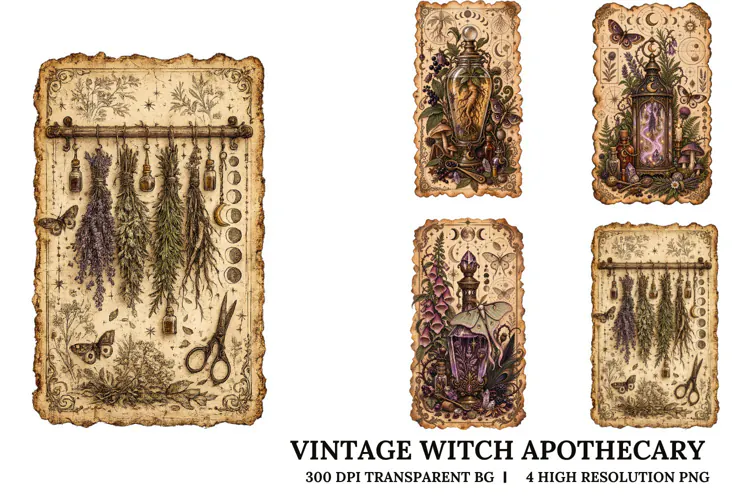 Vintage Witch Apothecary PNG Gothic Botanical Sublimation