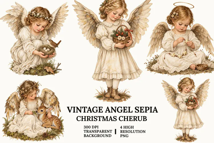 Vintage Angel Clipart, Sepia Cherub with Cat and Flowers PNG