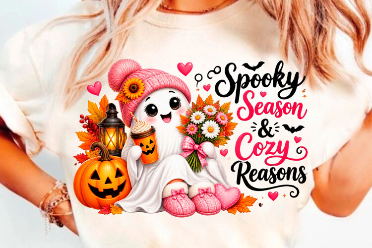 Spooky Season Cozy Ghost Halloween T-Shirt Design example image 1