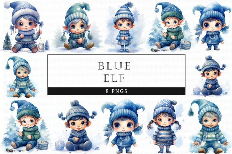 Blue Elf Watercolor Christmas, Scrapbooking, Stickers, PNG example image 1