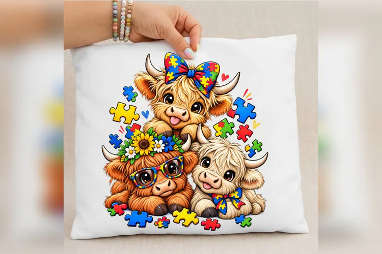 Autism Highland Cow PNG, Puzzle Piece Cow Design