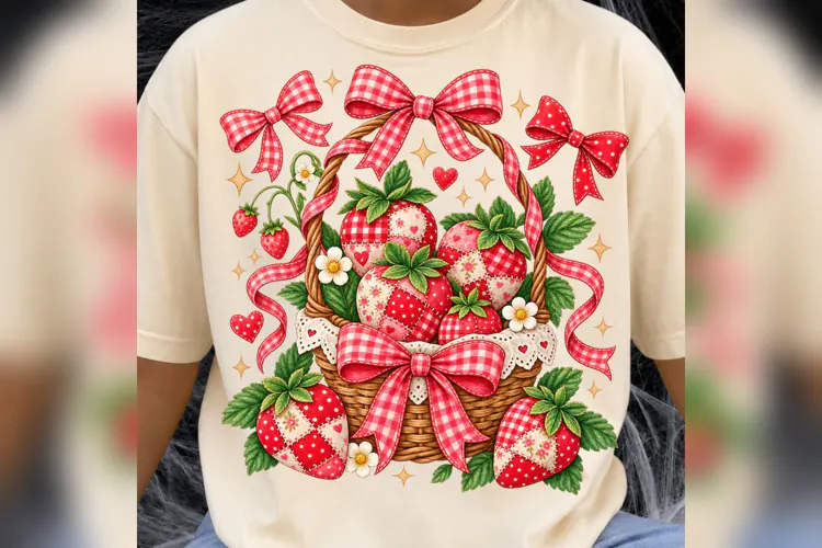 Strawberry Basket PNG, Gingham Bow Berry Design, Cottagecore
