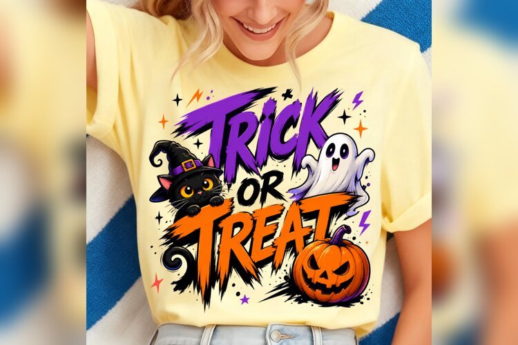 Trick or Treat Halloween Cat Ghost Pumpkin PNG, Spooky Fall example image 1